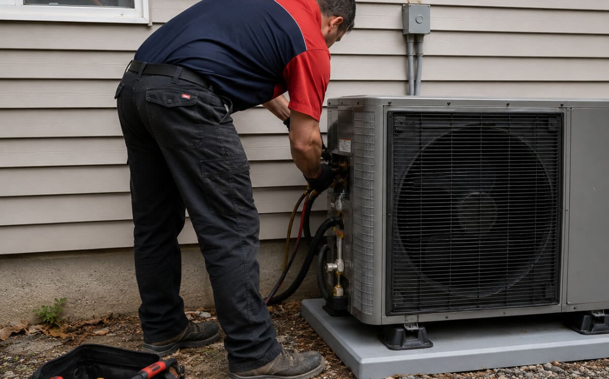 HVAC technician installing heat pump outdoor unit.