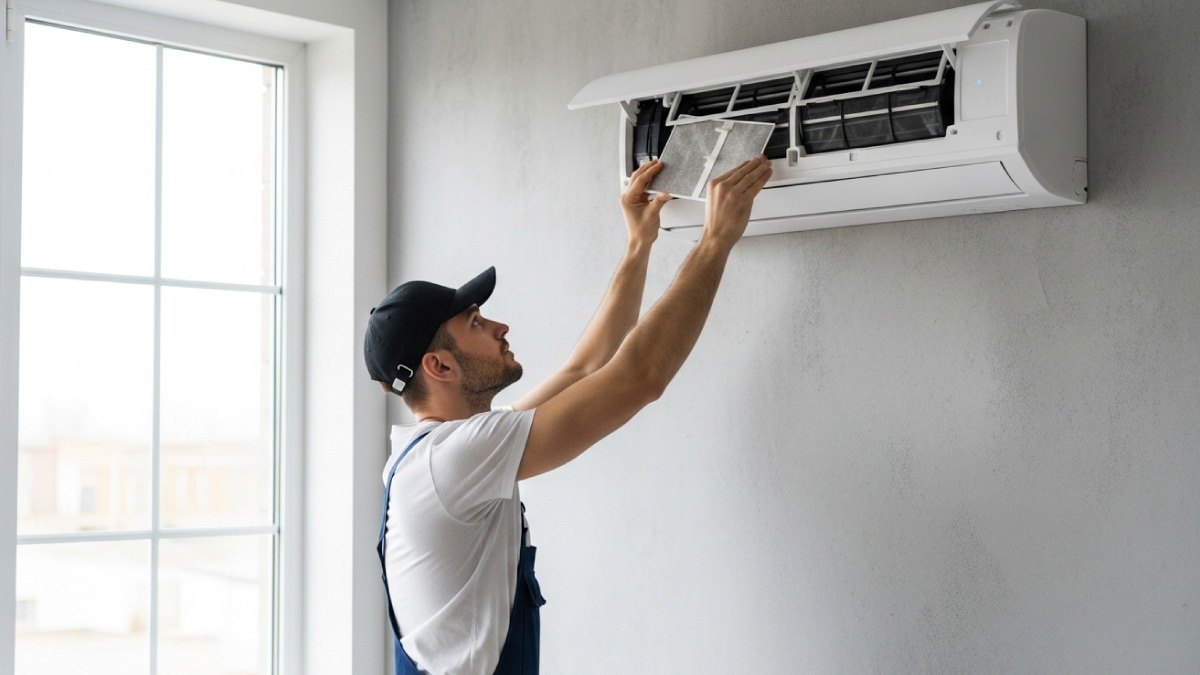 Homeowner adjusting an air conditioning system with a remote control as part of a pre-season AC tune-up and maintenance check in Des Moines.