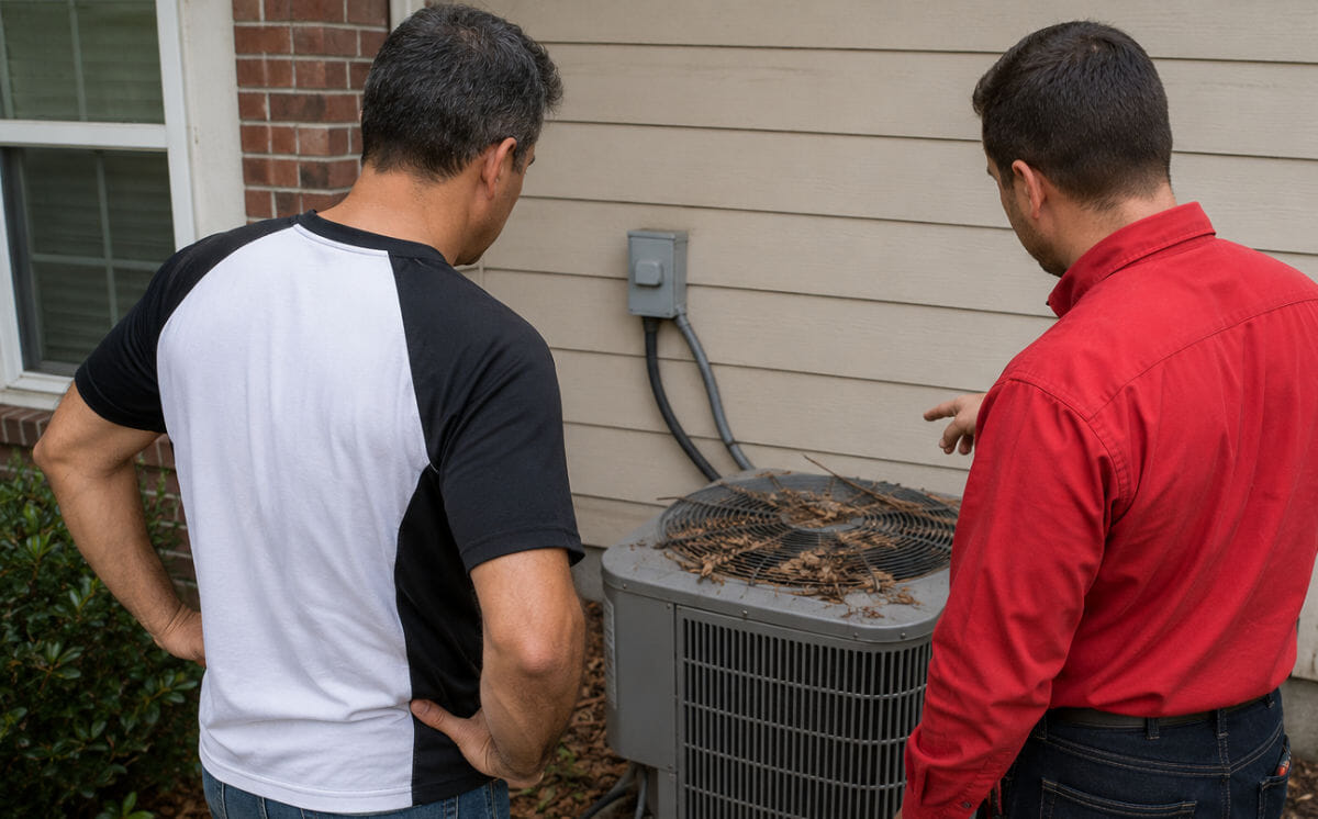 Homeowner discussing AC maintenance with technician.
