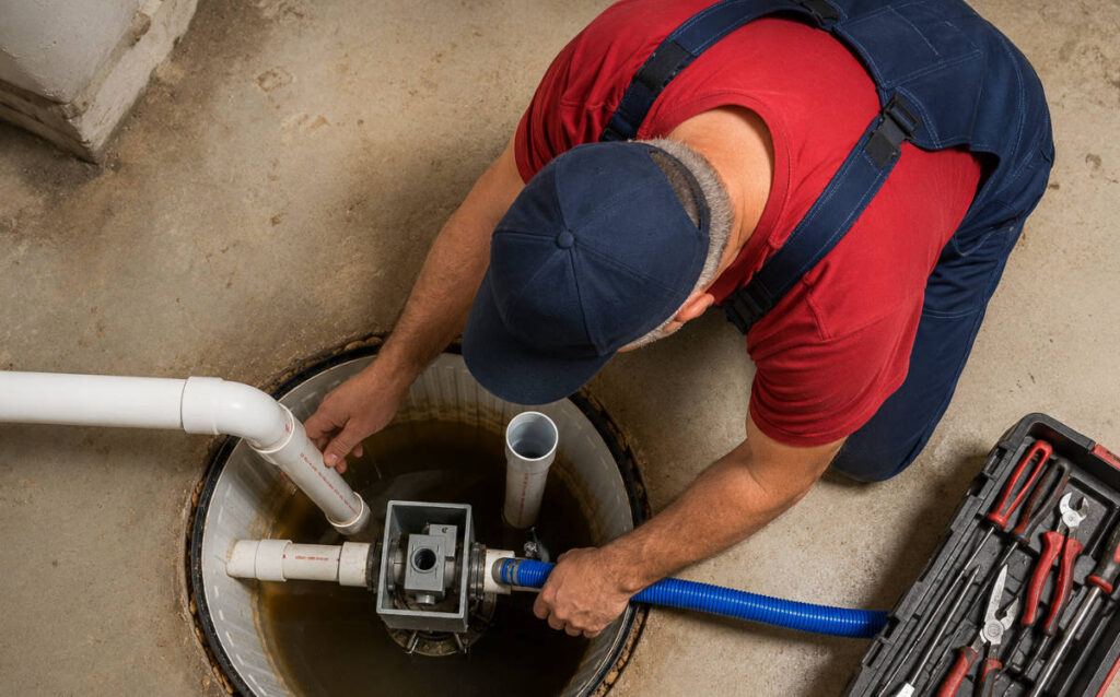 Plumber inspecting sump pump.
