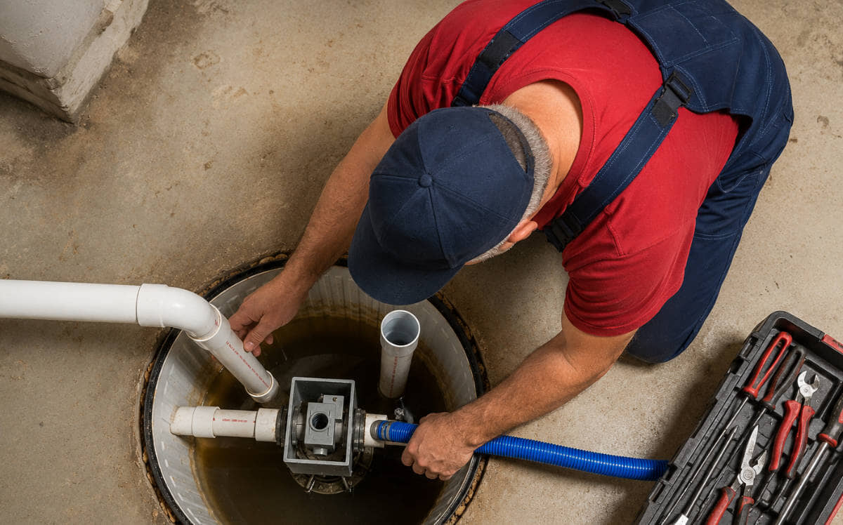 Plumber inspecting sump pump.