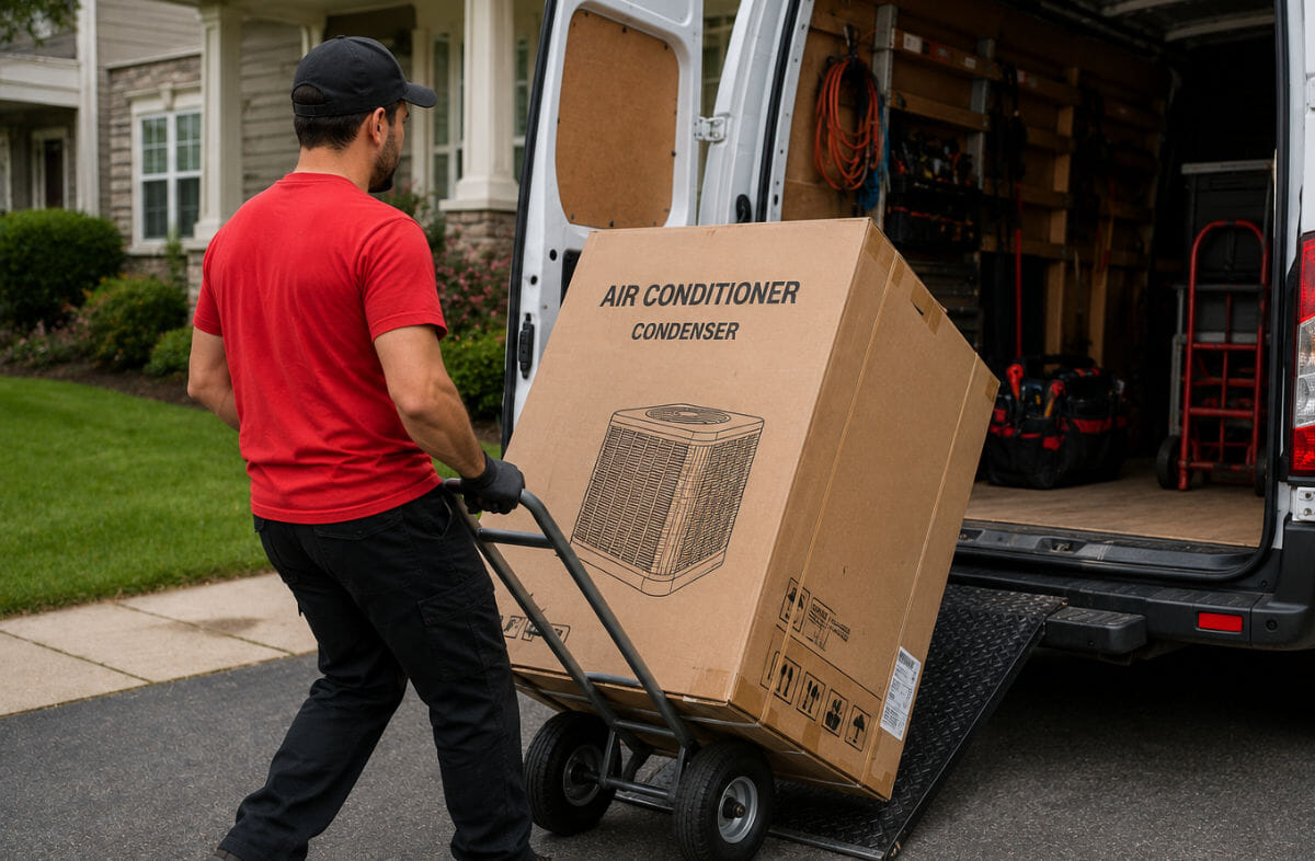Unloading AC condenser unit for installation.