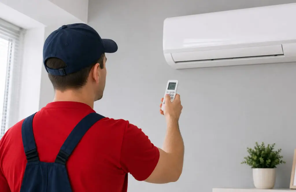 An HVAC technician tuning a ductless mini-split after installation.